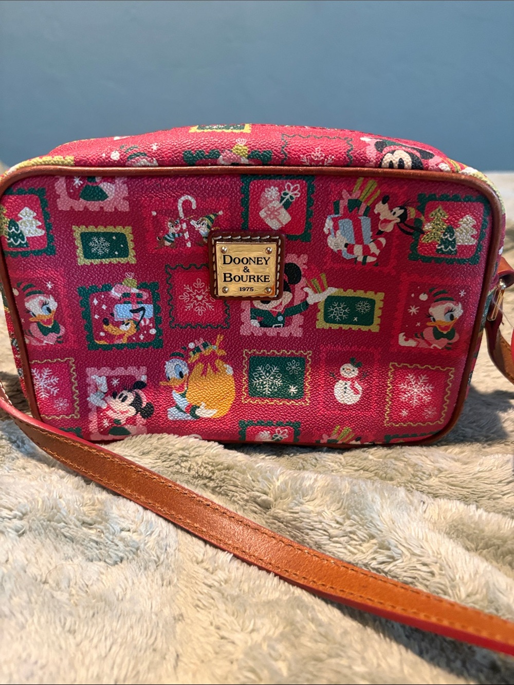 Dooney & Bourke Red Walt Disney world Christmas Print Crossbody with Brown Strap